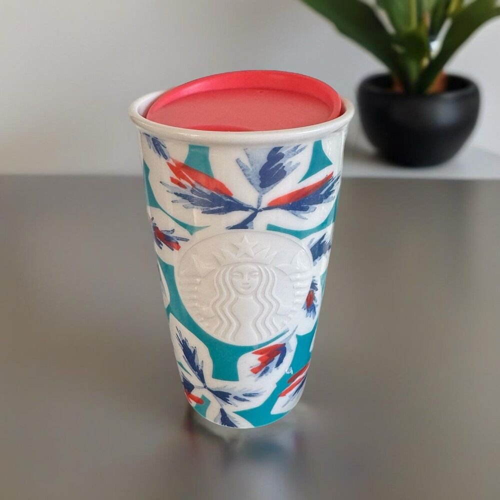 Starbucks 2016 Ceramic Tumbler Teal & Coral Floral Mermaid Hawaiian Cup 12 oz